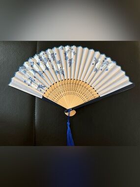 Blue Floral Folding Hand Fan with Tassel
